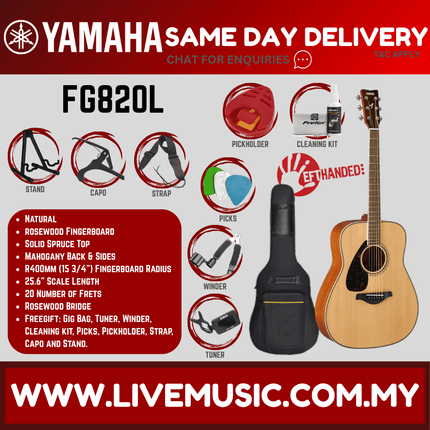 Yamaha FG820L Left Handed Acoustic Guitar - Natural  ( FG-820L / FG 820L )