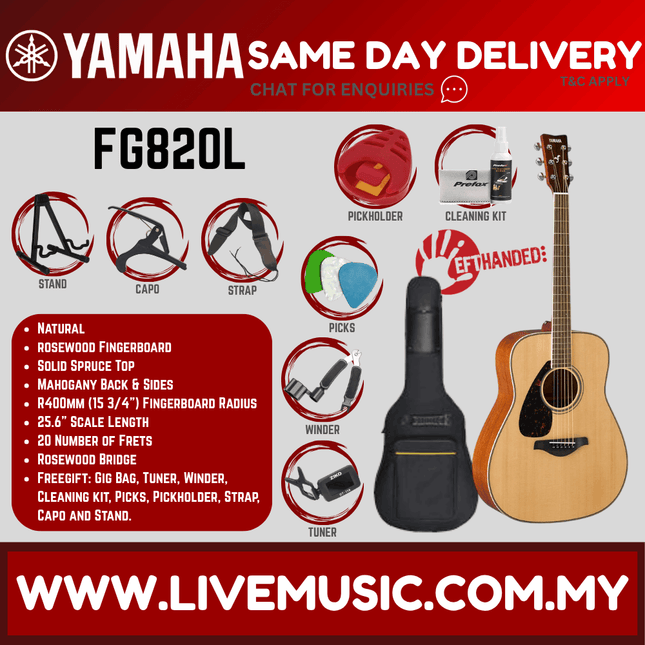 Yamaha FG820L Left Handed Acoustic Guitar - Natural  ( FG-820L / FG 820L )