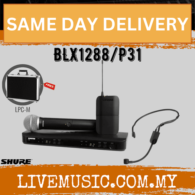 Shure BLX1288/P31 Dual Channel Combo Wireless System, BLX88 Receiver, BLX1 Bodypack Transmitter, BLX2/PG58 Handheld Cardioid Dynamic Mic & PG31 Cardioid Condenser Headset Mic ( BLX1288-P31 / BLX1288P3