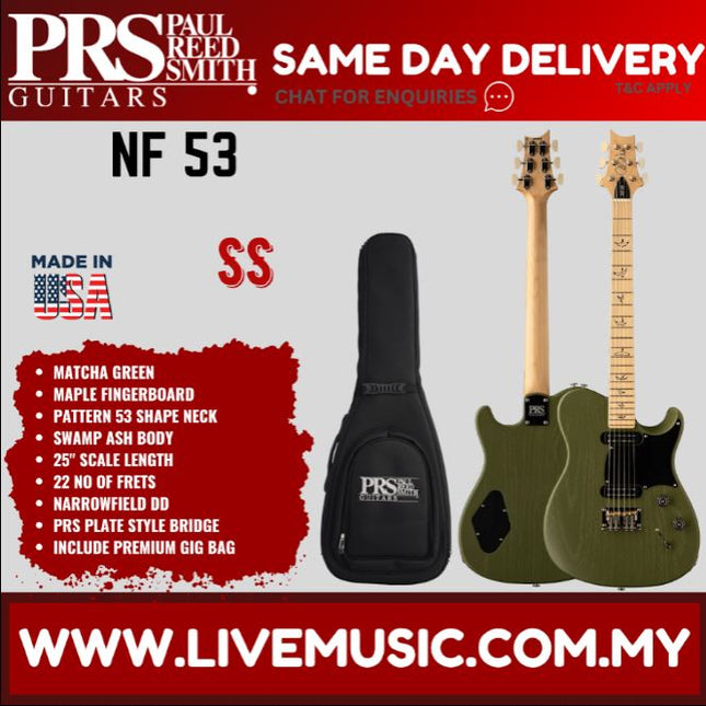 Matcha green satin electric guitar with PRS headstock; includes black gig bag.