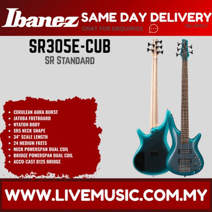 Ibanez Standard SR305E 5-String Electric Bass Guitar - Cerulean Aura Burst (SR305E-MGB SR305E-CUB)