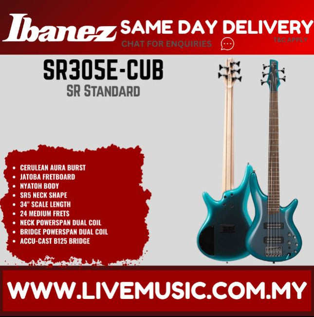 Ibanez Standard SR305E 5-String Electric Bass Guitar - Cerulean Aura Burst (SR305E-MGB SR305E-CUB)