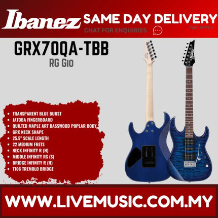 Ibanez GRX70QA GIO Series Solidbody Electric Guitar Without Accessories - ( GRX-70QA )-Transparent Blue