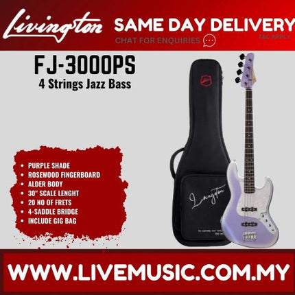 Livingston JB-3000 4-String Jazz Bass Guitar, Rosewood Fretboard, w/Gig Bag ( JB 3000  )-Purple Shade