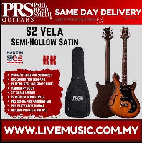 PRS S2 Vela Satin Semi-Hollow Electric Guitar w/Bag,McCarty Tobacco Sunburst