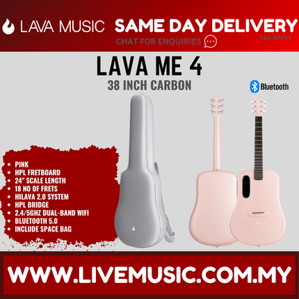 Lava Me 4 38" Carbon Fiber Smart Acoustic Electric Guitar With Touchscreen Effects And Space Bag-Pink