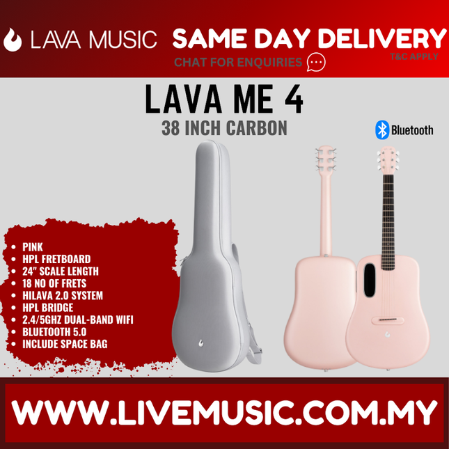 Lava Me 4 38" Carbon Fiber Smart Acoustic Electric Guitar With Touchscreen Effects And Space Bag-Pink