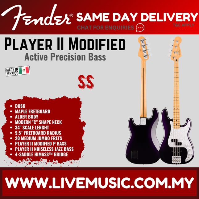 Active Precision bass guitar, dark body with maple fretboard, dual pickup design