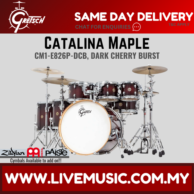 Gretsch Catalina Maple 7-piece drum set with dark cherry burst shells and cymbals