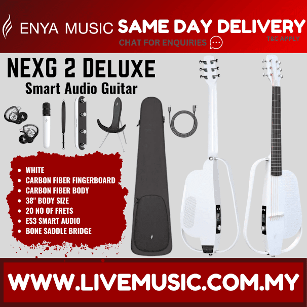 White smart audio guitar with carbon fiber components and included accessories