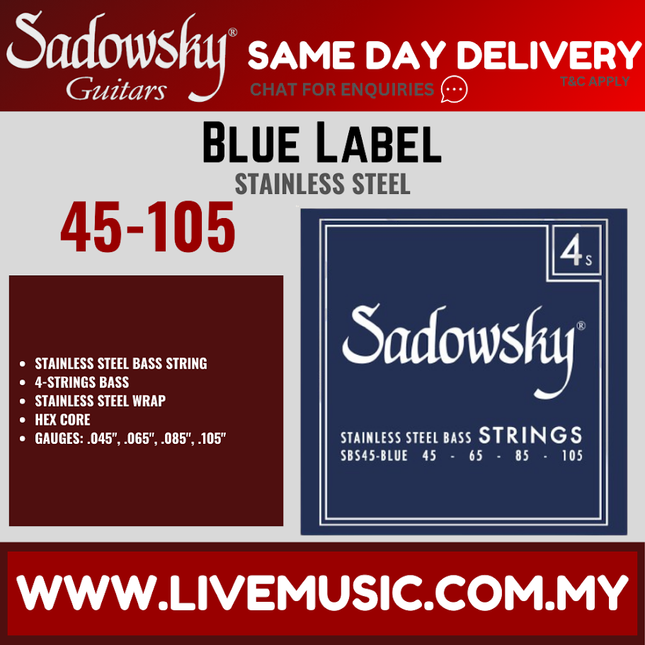 Sadowsky Blue Label Stainless Steel 4-String Bass String Set, 045-105