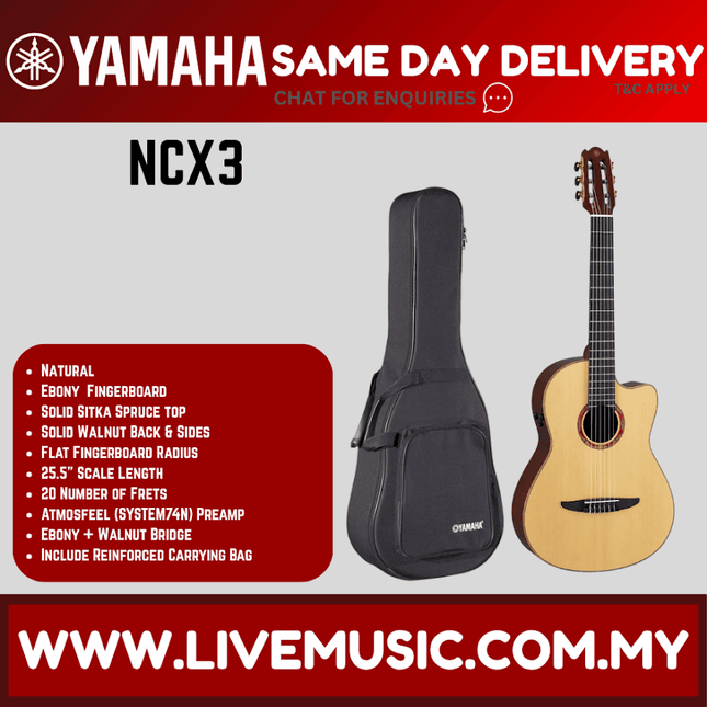 Natural classical acoustic-electric nylon-string guitar with black padded gig bag