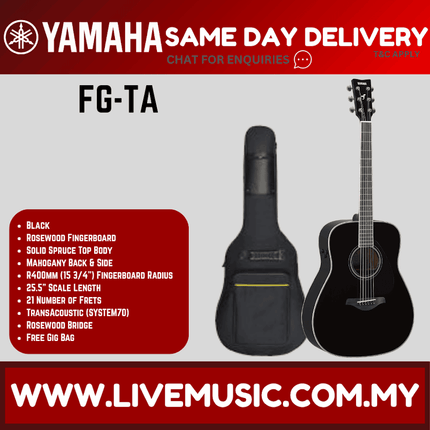 Yamaha FG-TA TransAcoustic Dreadnought Acoustic-Electric Guitar - Black ( FGTA / FG-TA )
