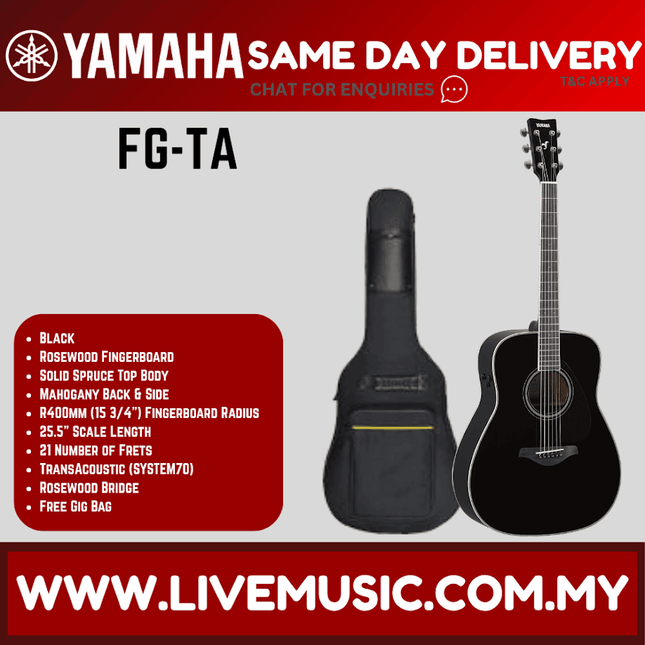Yamaha FG-TA TransAcoustic Dreadnought Acoustic-Electric Guitar - Black ( FGTA / FG-TA )