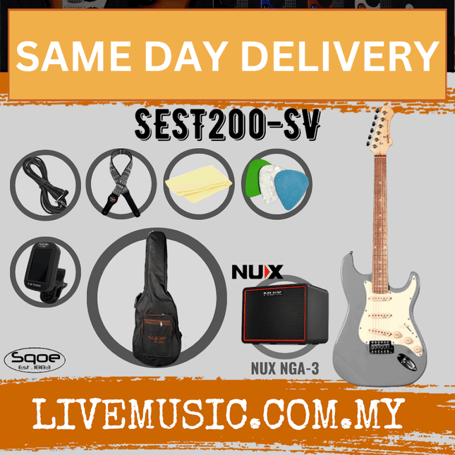SQOE SEST200 Stratocaster SSS 6-String Electric Guitar with NUX Mighty Lite - Sliver ( SEST 200 / SEST-200 / NGA-3 / NGA3 )
