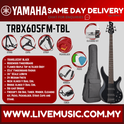 Yamaha TRBX605FM 5-string Electric Bass Guitar - Translucent Black ( TRBX 605FM / TRBX-605FM )