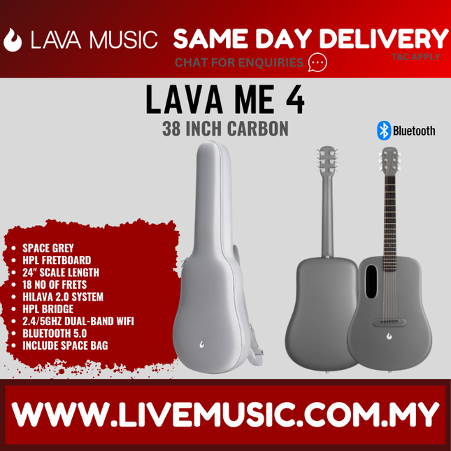 Lava Me 4 38" Carbon Fiber Smart Acoustic Electric Guitar With Touchscreen Effects And Space Bag-Grey