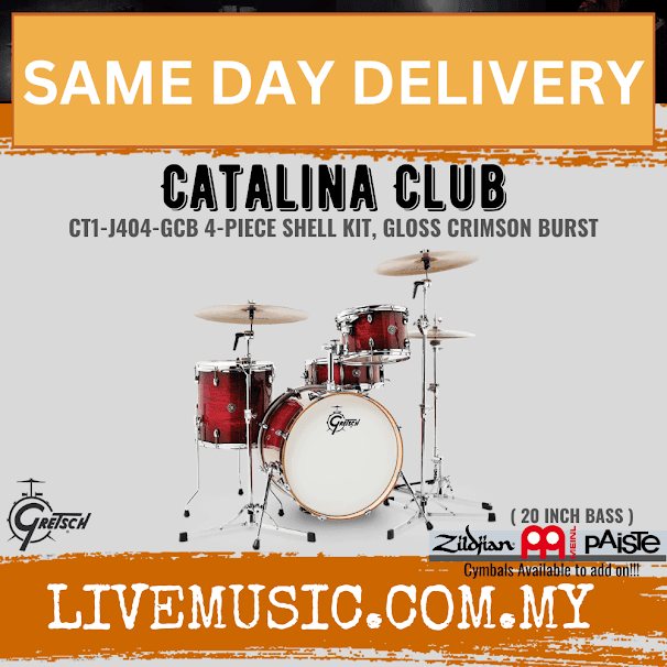 Gloss crimson 4-piece drum shell kit with bass drum, toms, snare, and cymbals