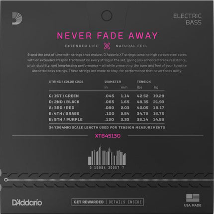 D'Addario XTB45130 XT Nickel Plated Steel 5-String Electric Bass String Set (Daddario)