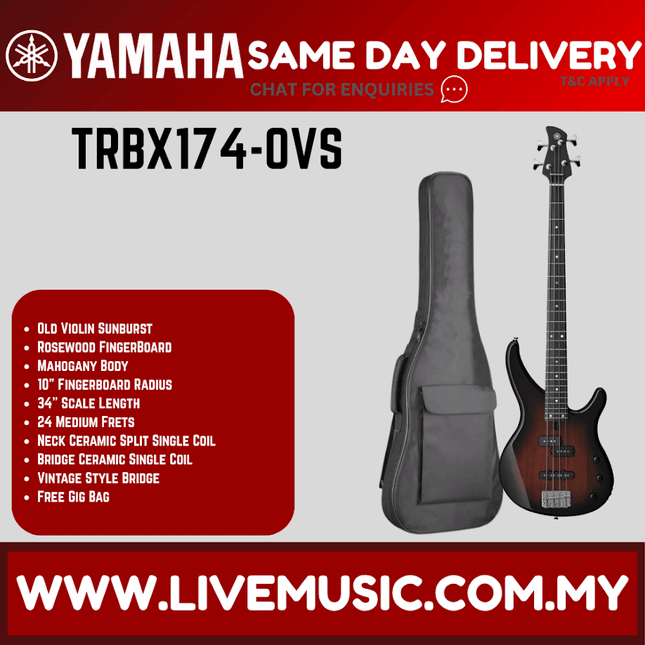 Yamaha TRBX174 4-string Electric Bass Guitar Package - Old Violin Sunburst ( TRBX 174 / TRBX-174 )