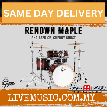 Gretsch RN2-E825-CB Renown Maple 5-Piece Drum Shell Kit Set (22inch Bass), Cherry Burst