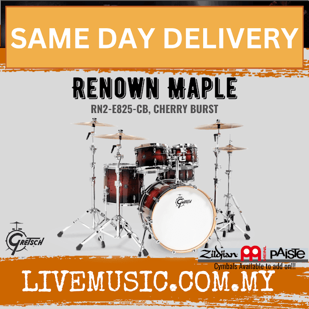 Gretsch RN2-E825-CB Renown Maple 5-Piece Drum Shell Kit Set (22inch Bass), Cherry Burst