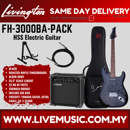 Black HSS electric guitar in gig bag with compact amplifier, cable and stand