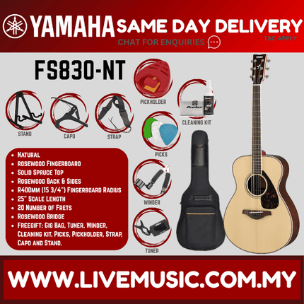 Yamaha FS830 Concert Acoustic Guitar w/Bag - Natural (FS-830 FS 830)