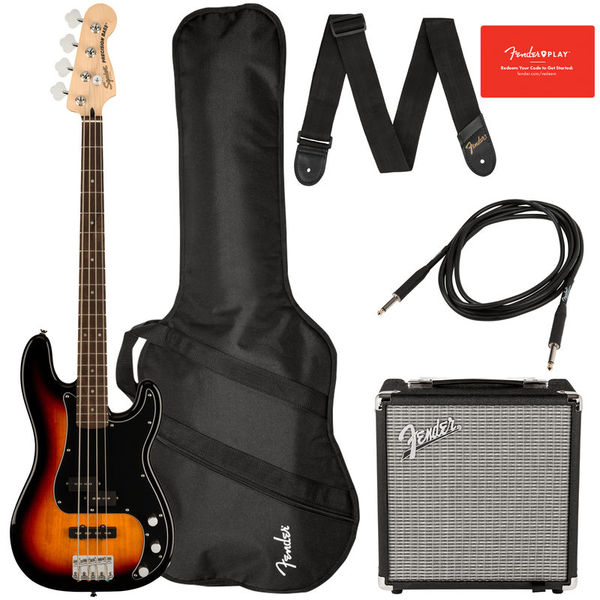 Squier Affinity Series PJ Bass Guitar Pack with Rumble 15 , Laurel Fretboard - 3-Color Sunburst
