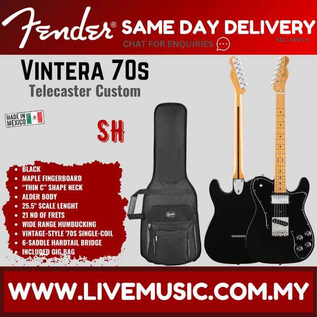 Fender Vintera 70s Telecaster Custom Electric Guitar, Maple Fretboard with Gig Bag - Black