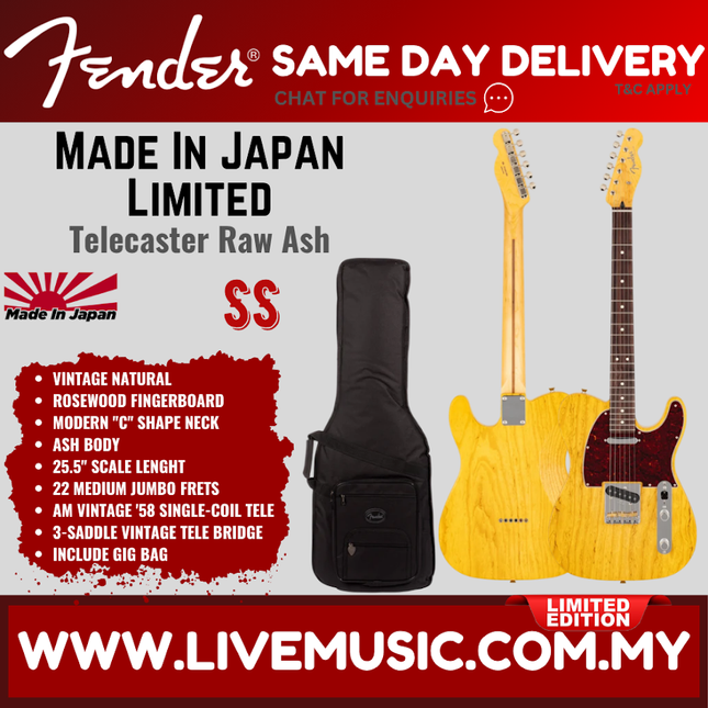 Fender MIJ Limited Telecaster Electric Guitar, RW FB, Raw Ash Vintage Natural
