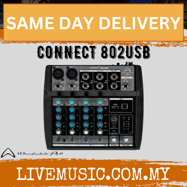 Black Wharfedale Pro Connect 802USB audio mixer with front panel knobs and ports