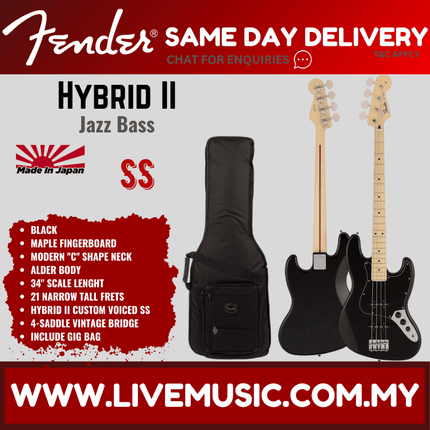 Fender Japan Hybrid II Jazz Bass Guitar, Maple Fretboard with Gig Bag - Black