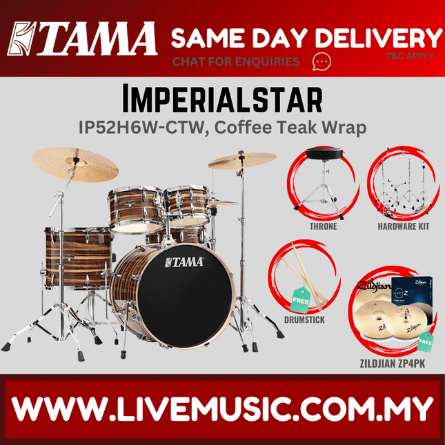Tama Imperial Star drum set with coffee teak wrap finish and matching cymbals