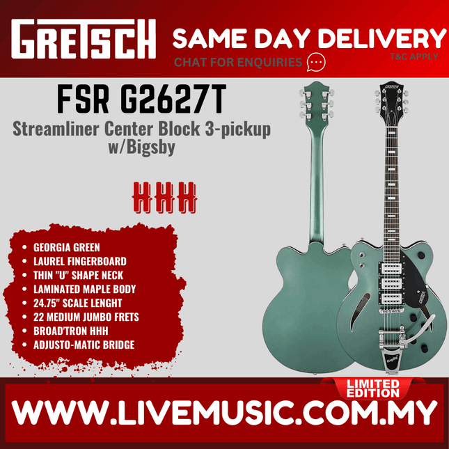 Gretsch FSR G2627T Streamliner Center Block 3-pickup Electric Guitar w/Bigsby, Georgia Green