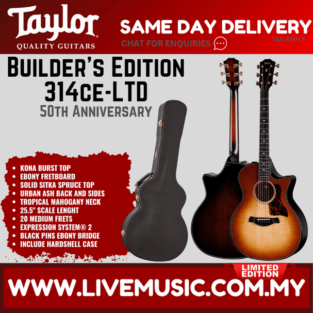 Taylor 50th Anniversary BE 314ce-LTD Ash/Sitka Grand Auditorium Acoustic Guitar, Kona Burst Top
