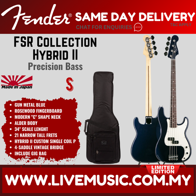Fender FSR Collection Hybrid II Precision Bass Guitar, RW FB, Gun Metal Blue