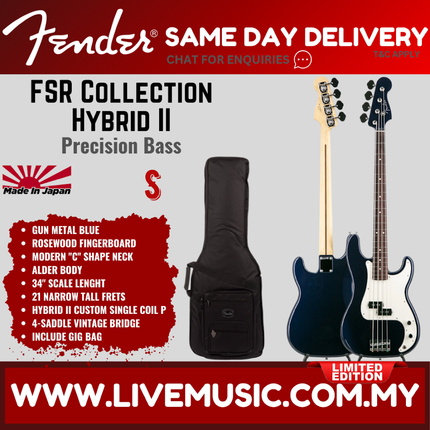 Fender FSR Collection Hybrid II Precision Bass Guitar, RW FB, Gun Metal Blue