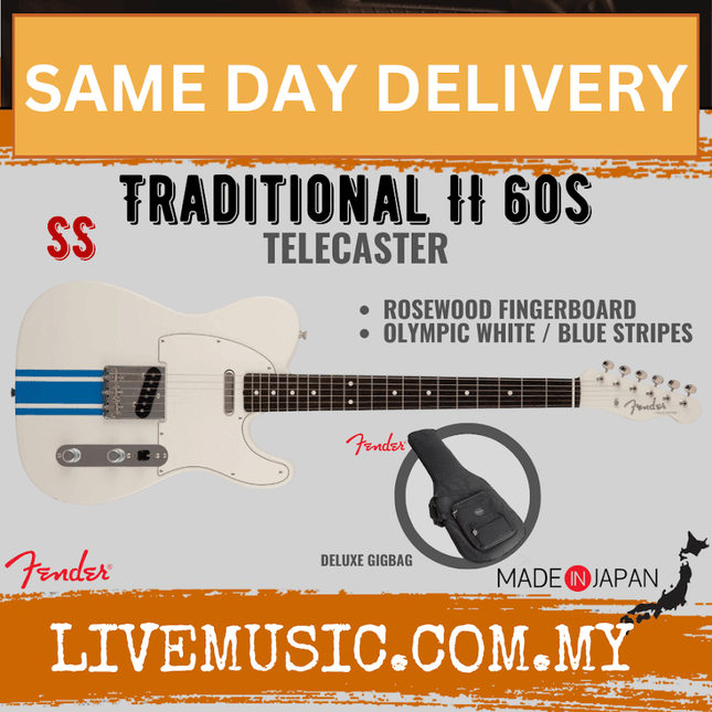 Fender Japan Traditional II 60s Telecaster Electric Guitar, RW FB, Olympic White / Blue Stripes