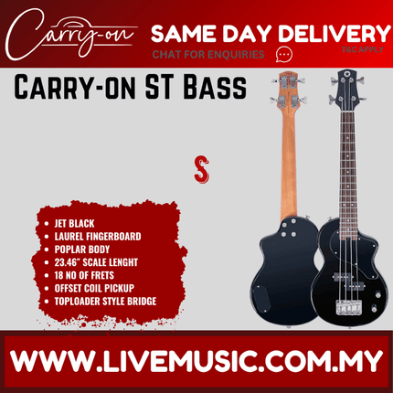Blackstar Carry-On ST Travel Size Electric Bass - Jet Black ( Carry On / CarryOn ST )