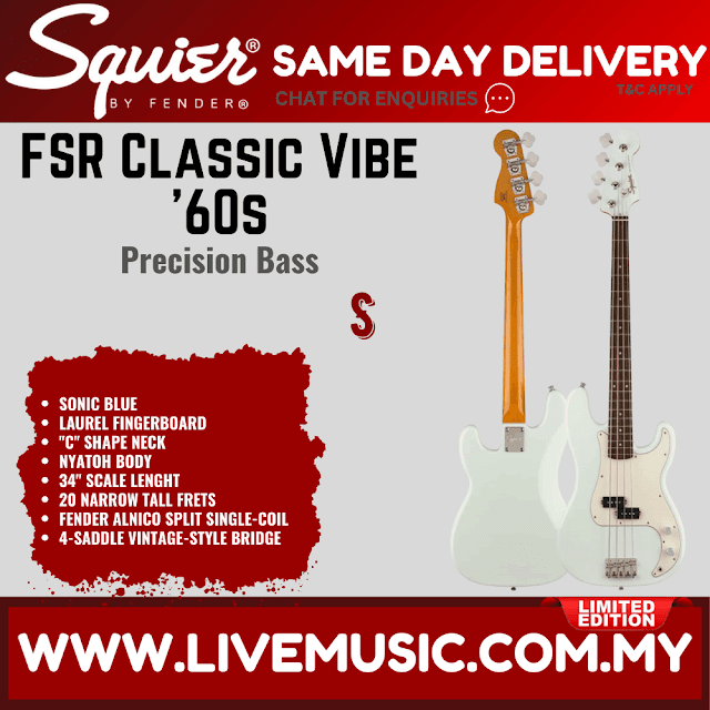 Squier FSR Classic Vibe 60s Precision Bass Guitar, Laurel FB, Sonic Blue