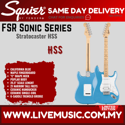 Squier FSR Sonic Stratocaster HSS Electric Guitar w/White Pickguard, Maple FB, California Blue