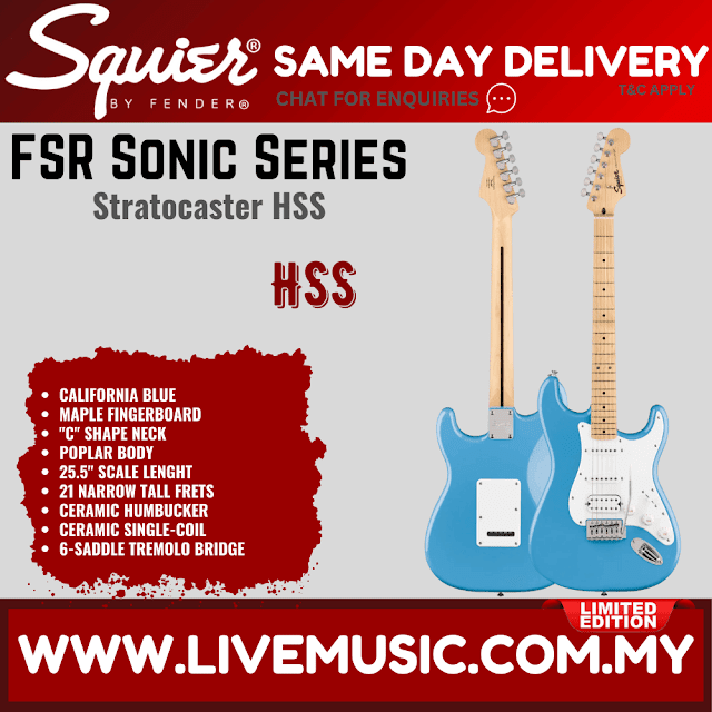 Squier FSR Sonic Stratocaster HSS Electric Guitar w/White Pickguard, Maple FB, California Blue