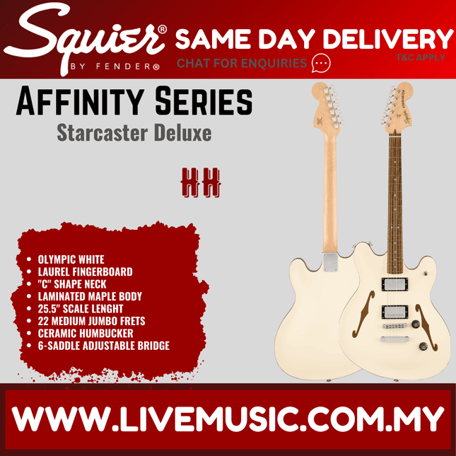 Squier Affinity Series Starcaster Deluxe Electric Guitar, Laurel FB, Olympic White