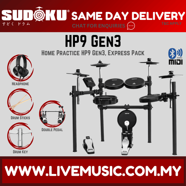 Sudoku Home Practice HP9 Gen 3 Mesh Black Electronic Drum Set With Accessories ( HP 9 HP-9 )