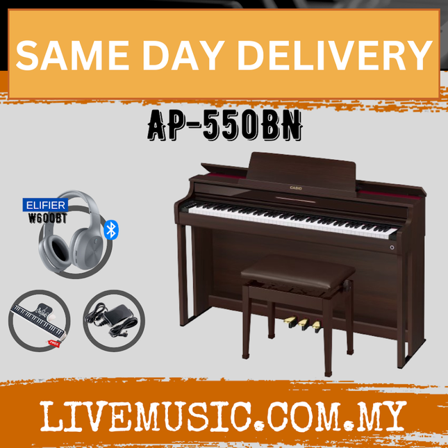 Brown 88-key digital piano with matching bench