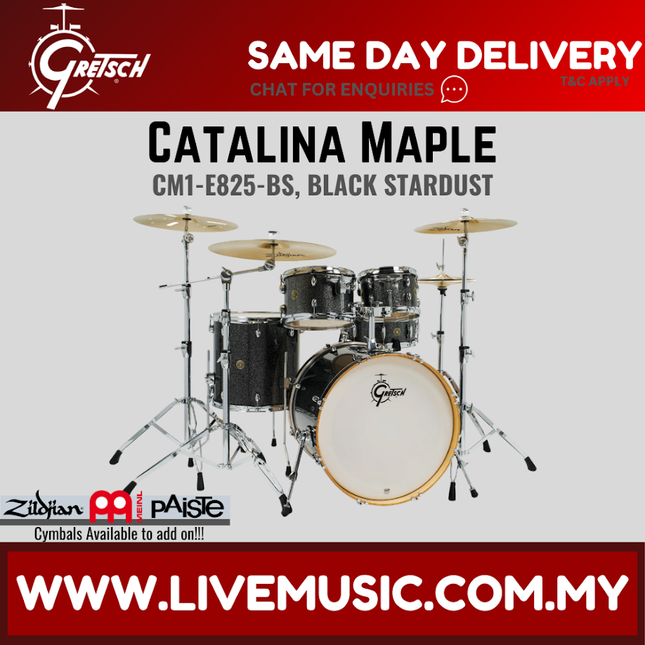 Gretsch Catalina Maple 5-piece drum shell kit, black stardust sparkle with white bass drum