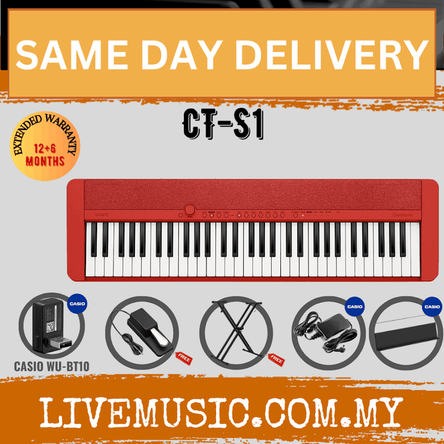 Casio CT-S1 61-key Portable Keyboard w/Keyboard Stand And WU-BT10 Wireless Bluetooth - Red ( CTS1 / CT S1 )