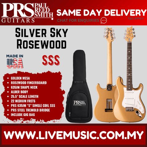Gold electric guitar with rosewood fretboard and black gig bag, PRS headstock