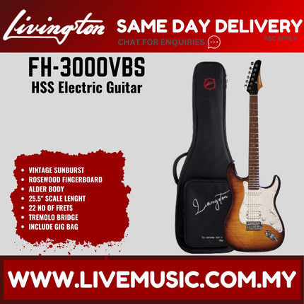 Livingston FH-3000-PACK Stratocaster HSS Electric Guitar w/GA15II Amplifier, Roasted Maple Fretboard -Vintage Sunburst ( FH3000 FH 3000 )